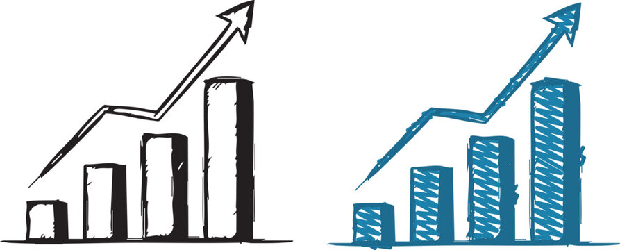 Hand Drawn Financial Growth Bar Charts with Upward Arrows in Black and Blue Sketch Style on White Background