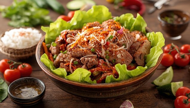 Thai-style salad with spicy grilled beef, pork, or chicken, served with rice, Nam Tok, Jaew sauce, and vegetables.