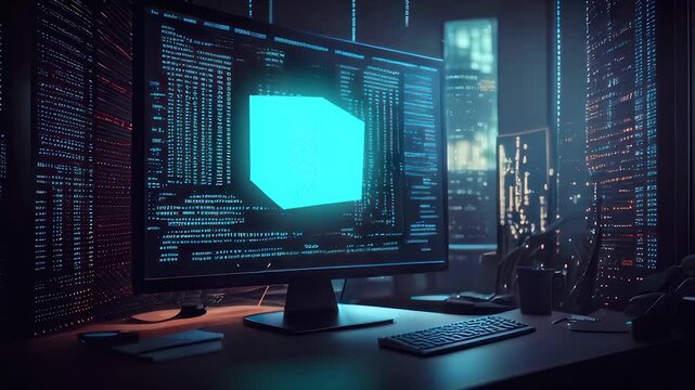 Futuristic digital workstation with code on monitor, overlooking a city at night