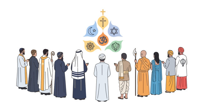 Diverse Religious Figures Gather Under Symbols of Faith and Unity