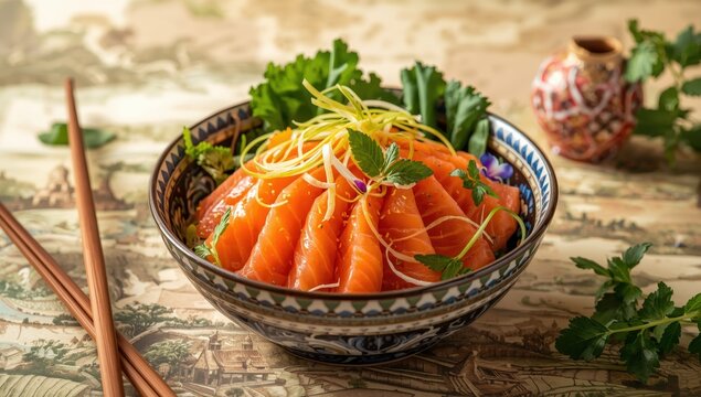 Spicy salmon salad with lemongrass and herbs. Japanese-Thai fusion cuisine. Salmon sashimi in a spicy salad.