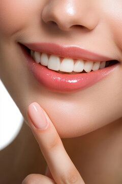 Smiling woman showcasing healthy teeth and skincare routine with natural lip color