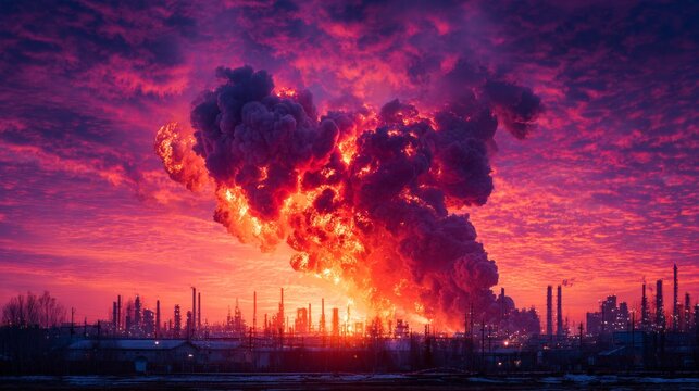 Twilight blaze: the perils of industrial accidents and environmental hazards. Vibrant expression. Refinery disaster at twilight: massive flames illuminate heavy smoke. Dreamlike imagery.