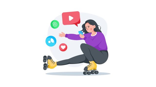 Creatively designed animated illustration of woman using mobile during roller skating