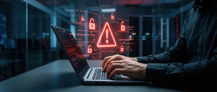 Cybersecurity breach alert online workspace digital security image dark environment close-up view risk management concept