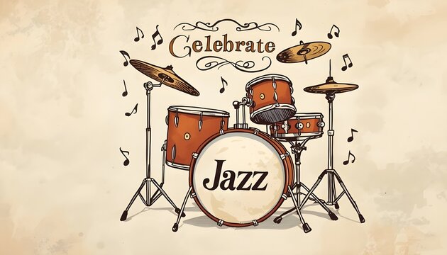 A drum set with the word Jazz on the bass drum and Celebrate written above it, surrounded by musical notes.
