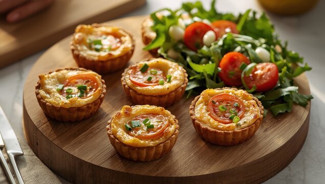 Omelette tarts with cheddar and spring onion on a wooden board, accompanied by a side salad. Nutritious breakfast option.