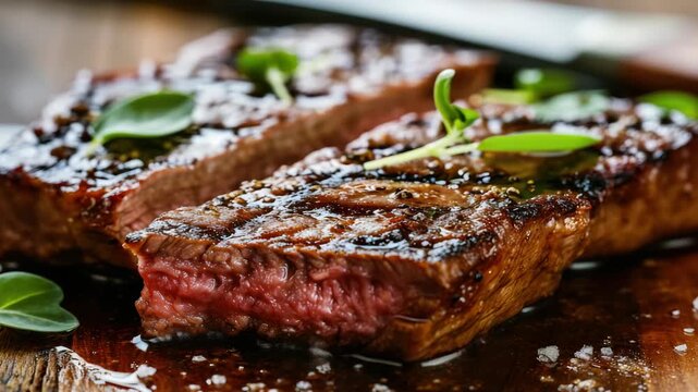 Close-up of a delicious grilled steak with a juicy interior and seared exterior, served on a wooden platter. Perfect for culinary enthusiasts or food .