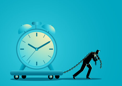 Businessman Dragging Clock With Chain Time Pressure Deadline Stress Concept Illustration