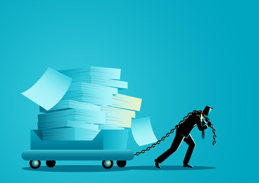Businessman Dragging Huge Stack of Paperwork Workload Stress Deadline Concept Illustration