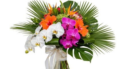 Fototapeta premium Tropical floral bouquet with exotic orchids and hibiscus, vibrant summer flower arrangement with palm leaves, colorful wedding bouquet on white background