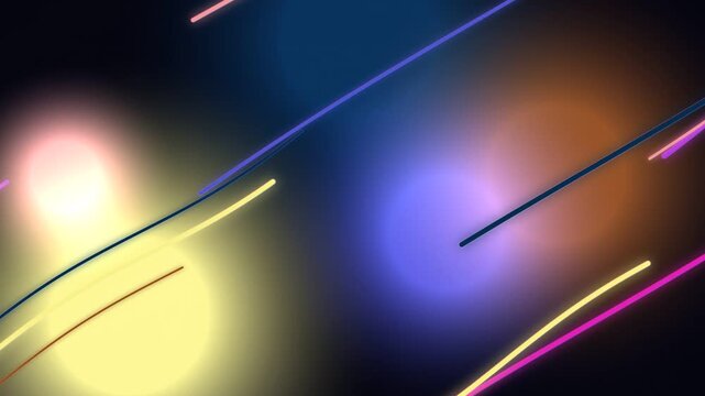 Abstract digital artwork featuring glowing spheres in pink yellow and red with vibrant neon lines against a dark backdrop