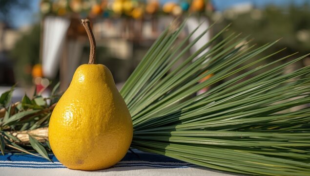 Sukkot celebration. Leviticus text, etrog and lulav. Torah holiday symbols. Close focus.