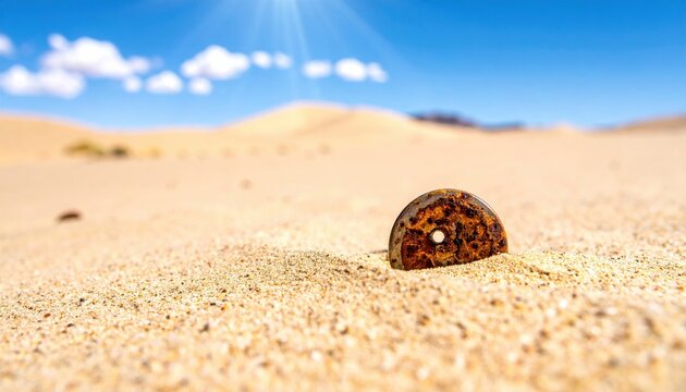 A rusted, pitted metal button with a single hole rests half-buried in sunlit desert sand, showcasing its aged texture against a clear blue sky.