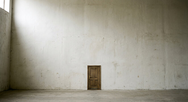 広大なコンクリートの壁に佇む小さな木の扉、ミニマルでシュールな空間のAI生成画像
A tiny wooden door on a vast concrete wall, minimalist and surreal conceptual scene, Generative AI