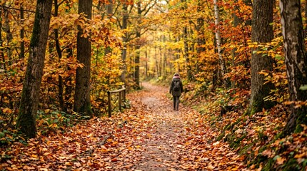 Fototapeta premium A person walks alone on a forest path covered with fallen leaves surrounded by trees with colorful autumn foliage