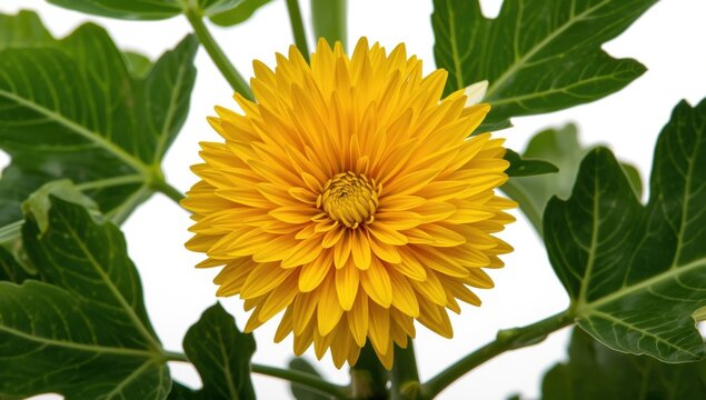 Zoomed-in image of a yellow Bitter Cucumber flower (Momordica charantia) with a leaf against a white backdrop.