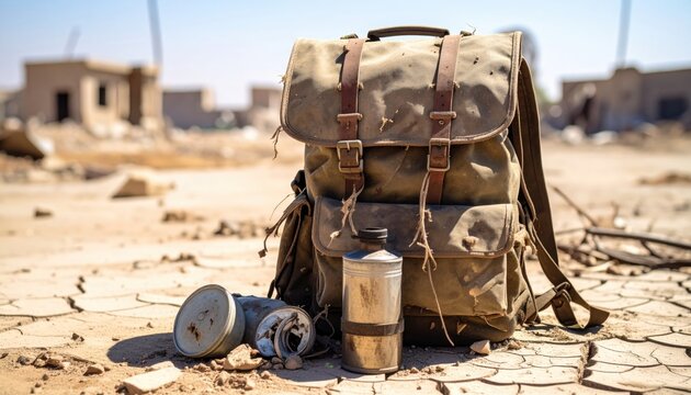 A tattered canvas backpack and a broken water canteen sit on dusty ground, evoking a sense of survival and abandonment in a desolate landscape.
