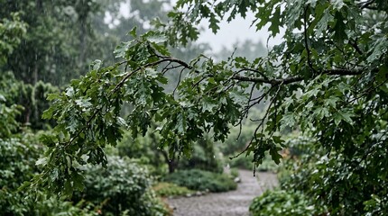 Fototapeta premium A serene pathway winds through a lush forest with dense foliage and trees on a foggy day