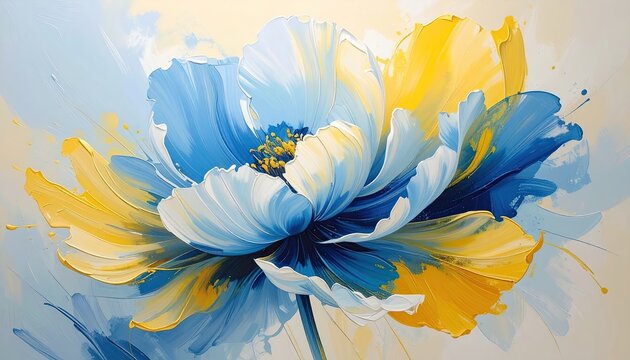 Impressionistic oil painting of a flower with blue and yellow petals and light background
