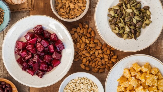 Vibrant soup components like chopped beets, nuts, seeds, and oats displayed on white dishes and wood.