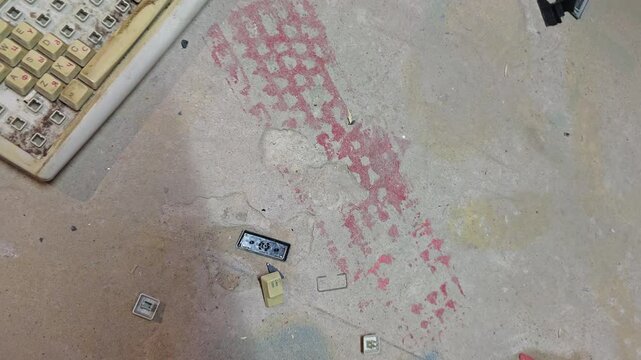 Chaos and decay: a trail of red stains mar the concrete floor, amidst debris, keyboard components, and a dirty keyboard with styrofoam, creating a disturbing and unsettling ambiance
