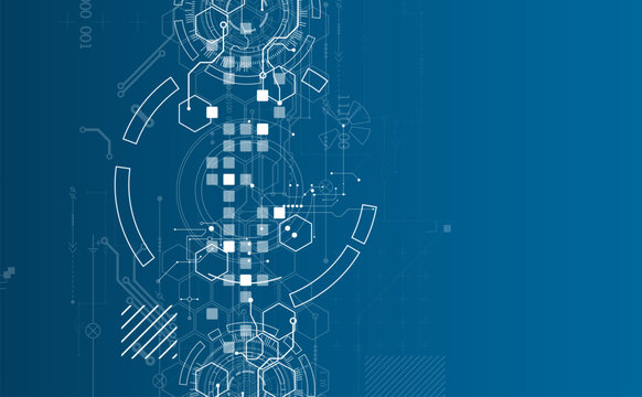 Technological background with various white elements in a drawing style on a blue background.
