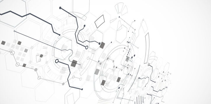 Technological background in gray colors. Used technical lines and a pattern of squares with different shades of gray.