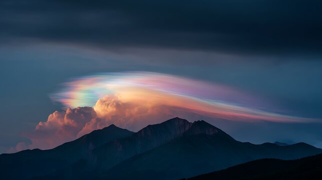 A breathtaking mountain landscape with a vibrant rainbow-colored cloud at sunset