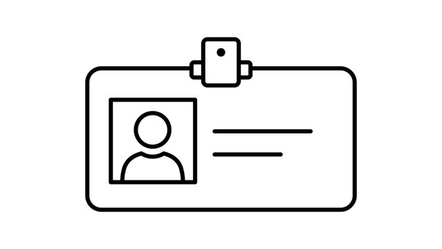 ID Badge Minimalist Black Line Vector Icon on White Background Representing an Identification Card with Photo and Text Fields, Editable Stroke Illustration for Business, Corporate Security.