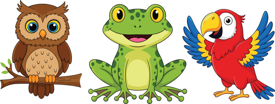 Cute cartoon owl frog and parrot vector illustration set isolated animal characters