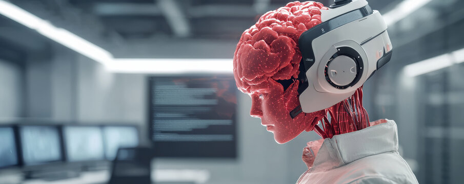  humanoid robot with an exposed brain and mechanical neck wears a headset, symbolizing AI integration and advanced technology in a futuristic lab setting.