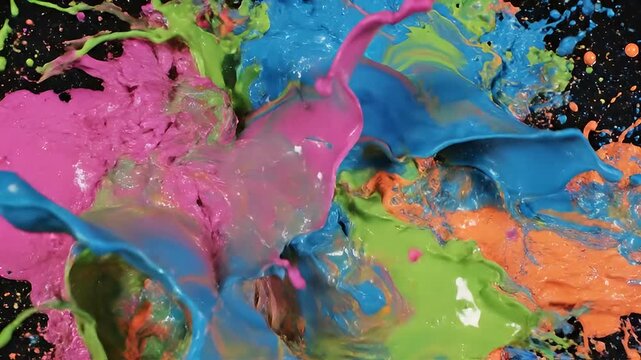 Dynamic colorful paint splashes against dark black background