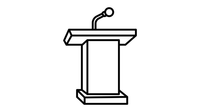 Minimalist podium and lectern with microphone black line vector icon on white background. This professional editable stroke vector illustration is ideal for public speaking, events, and education.