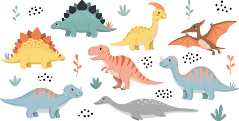 Cute cartoon dinosaurs collection colorful prehistoric animals vector set isolated © Kharshad Creative