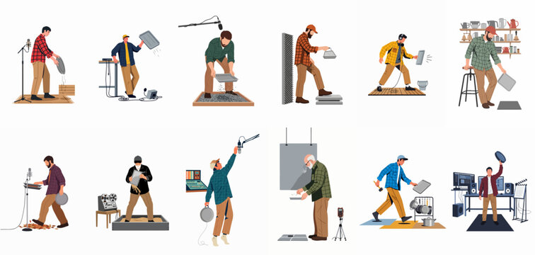 Flat vector illustrations of foley artists creating sound effects for film and audio production using various everyday objects and recording equipment.
