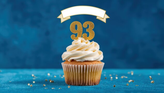 Gold candle with number 93 and tiny stars on a cupcake against a blue velvet backdrop. Birthday or anniversary celebration theme. Space for text.