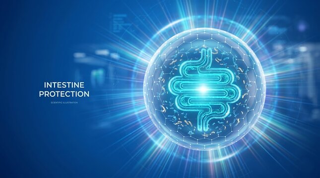 Intestine care and protection. Healthy Intestine medical concept. Human Intestine bowel anatomy organ icon inside protection sphere shield with hexagon pattern on blue background. Vector ai