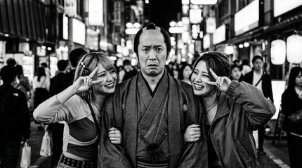 Obraz premium サムライ、ギャルと記念撮影をする。日本文化の伝統と現代が融合したシュールな、現代の街中でギャルピースをする日本人ギャルと困惑する侍の記念撮影