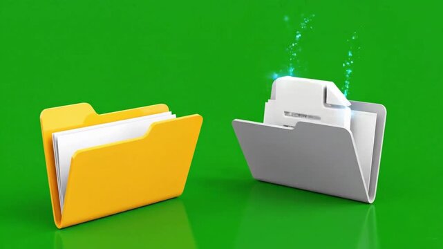 3D animation digital document smoothly transferring from desktop folder to another against chroma key green screen background for high-end software tutorials, corporate presentations, and tech-themed.