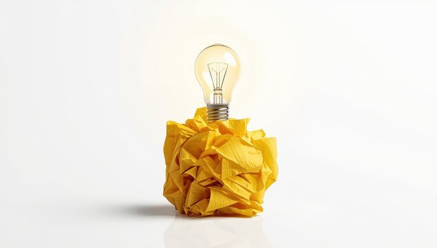 Innovative concepts and imaginative ideas. Yellow paper ball with light bulb icon on a white backdrop.