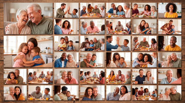 Family moments: A collage of various family photos in various moments. Displaying generations of family connections and love