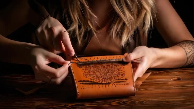 Close-up of hands sewing leather wallet with intricate design