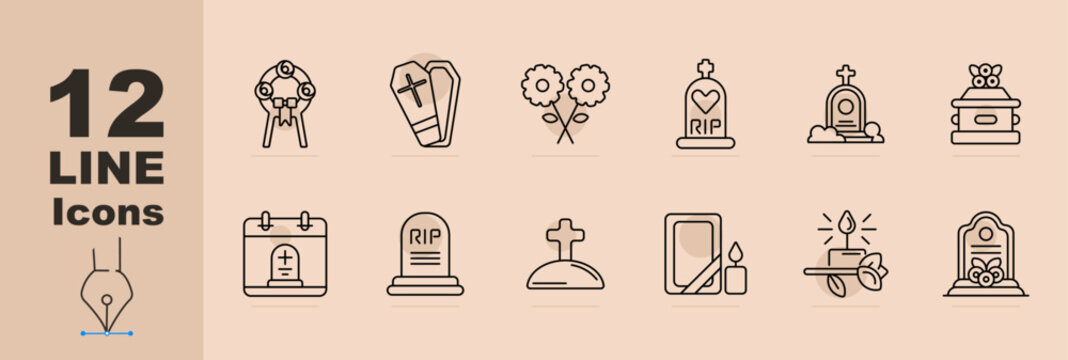 Funeral memorial set icon. Line icons with wreath ribbon, coffin, flowers bouquet, gravestone rip, tomb, urn, calendar memorial, grave marker, cross mound, photo frame candle, candle flower
