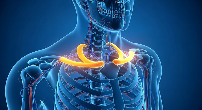 Human clavicle bone anatomy with vascular system and rib cage collarbone