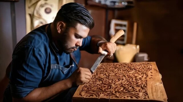 A man carves intricate patterns into wood with a chisel and mallet, focused and artistic