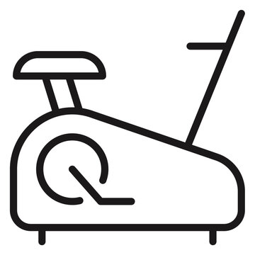 Minimalist stationary exercise bike vector icon. Black line art illustration of a spinning bike for home gym, fitness training, and cardio workout concepts. Scalable graphic symbol design.