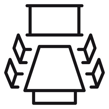 Meeting room vector icon featuring a conference table, four chairs, and a presentation screen. Minimalist black line art illustration for business, office workspace, and boardroom concepts.