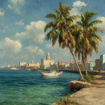 Between shores and sanctions: cuba's hidden struggles. Professional photo. Embargoed cuba with a nostalgic blend of natural beauty and tension. Creative poster. Advertising photo.