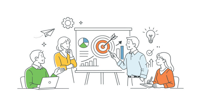 Business analytics strategic planning scenario showing colleagues interpreting data results and aligning decisions for future actions, with a presentation board and a